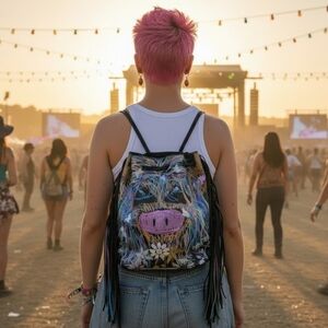 HANDCRAFTED Upcycled Backpack HANDPAINTED Highland Cow On Sinched Shoulder Bag